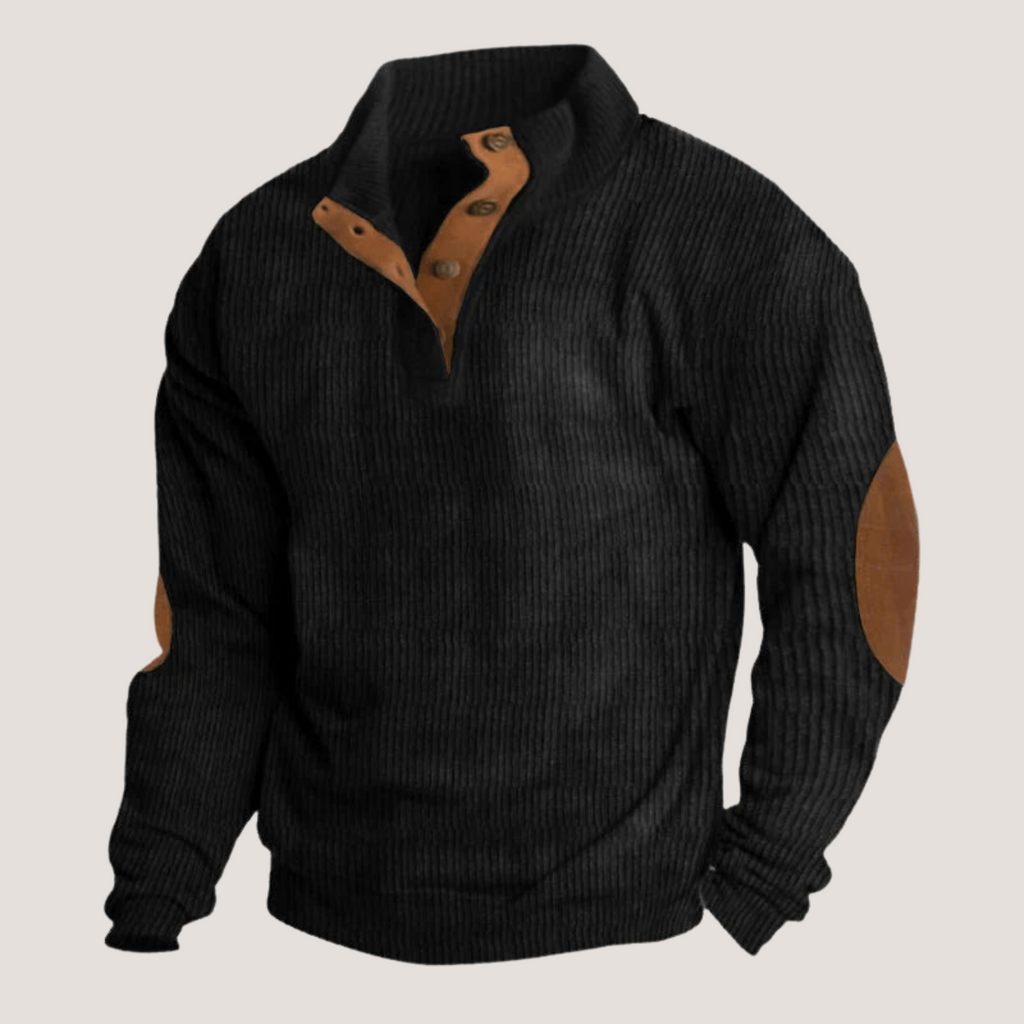 Ribbed Knit Pullover Sweater Men's Green Stand Collar Button Placket Elbow Patch – Casual, Office