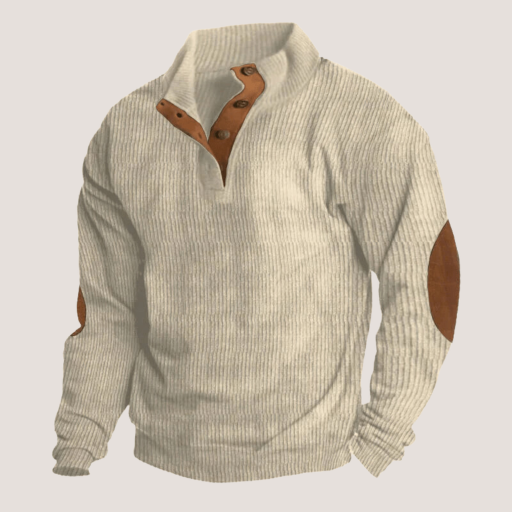 Ribbed Knit Pullover Sweater Men's Green Stand Collar Button Placket Elbow Patch – Casual, Office