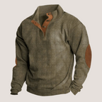 Ribbed Knit Pullover Sweater Men's Green Stand Collar Button Placket Elbow Patch – Casual, Office