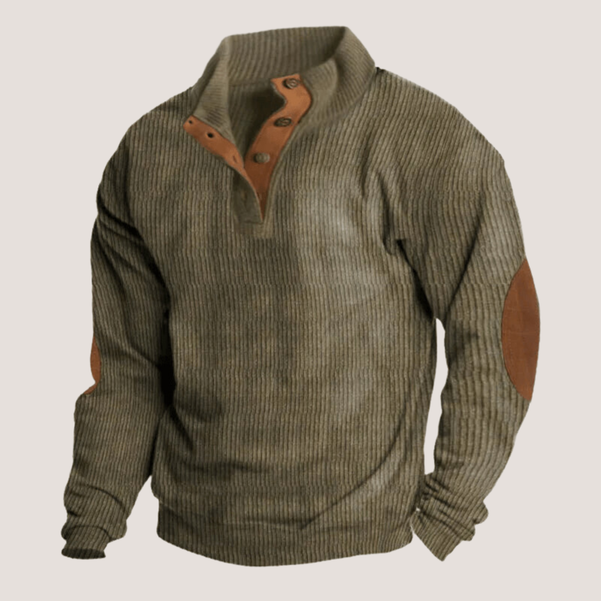 Ribbed Knit Pullover Sweater Men's Green Stand Collar Button Placket Elbow Patch – Casual, Office