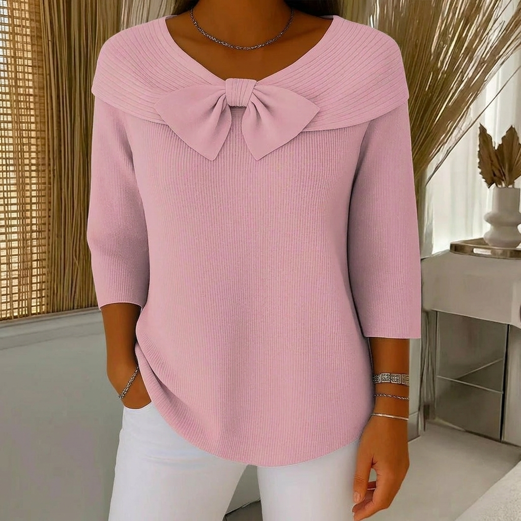 Ribbed Knit Sweater Women's Blue Bow Detail 3/4 Sleeve Top – Casual, Office, Gift