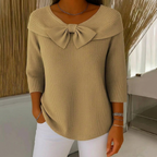 Ribbed Knit Sweater Women's Blue Bow Detail 3/4 Sleeve Top – Casual, Office, Gift