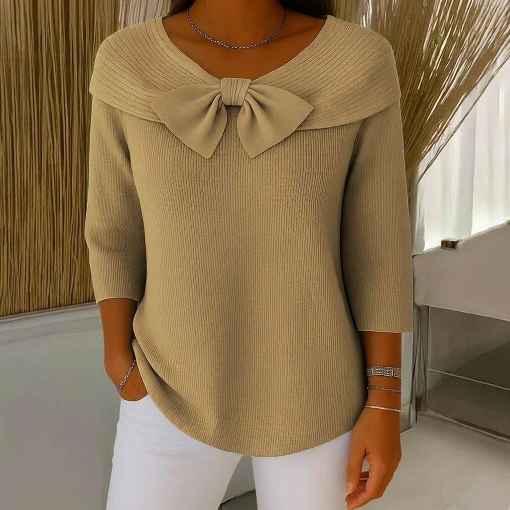 Ribbed Knit Sweater Women's Blue Bow Detail 3/4 Sleeve Top – Casual, Office, Gift
