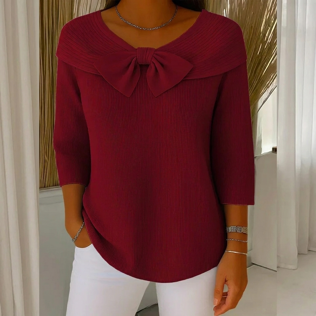 Ribbed Knit Sweater Women's Blue Bow Detail 3/4 Sleeve Top – Casual, Office, Gift
