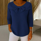 Ribbed Knit Sweater Women's Blue Bow Detail 3/4 Sleeve Top – Casual, Office, Gift