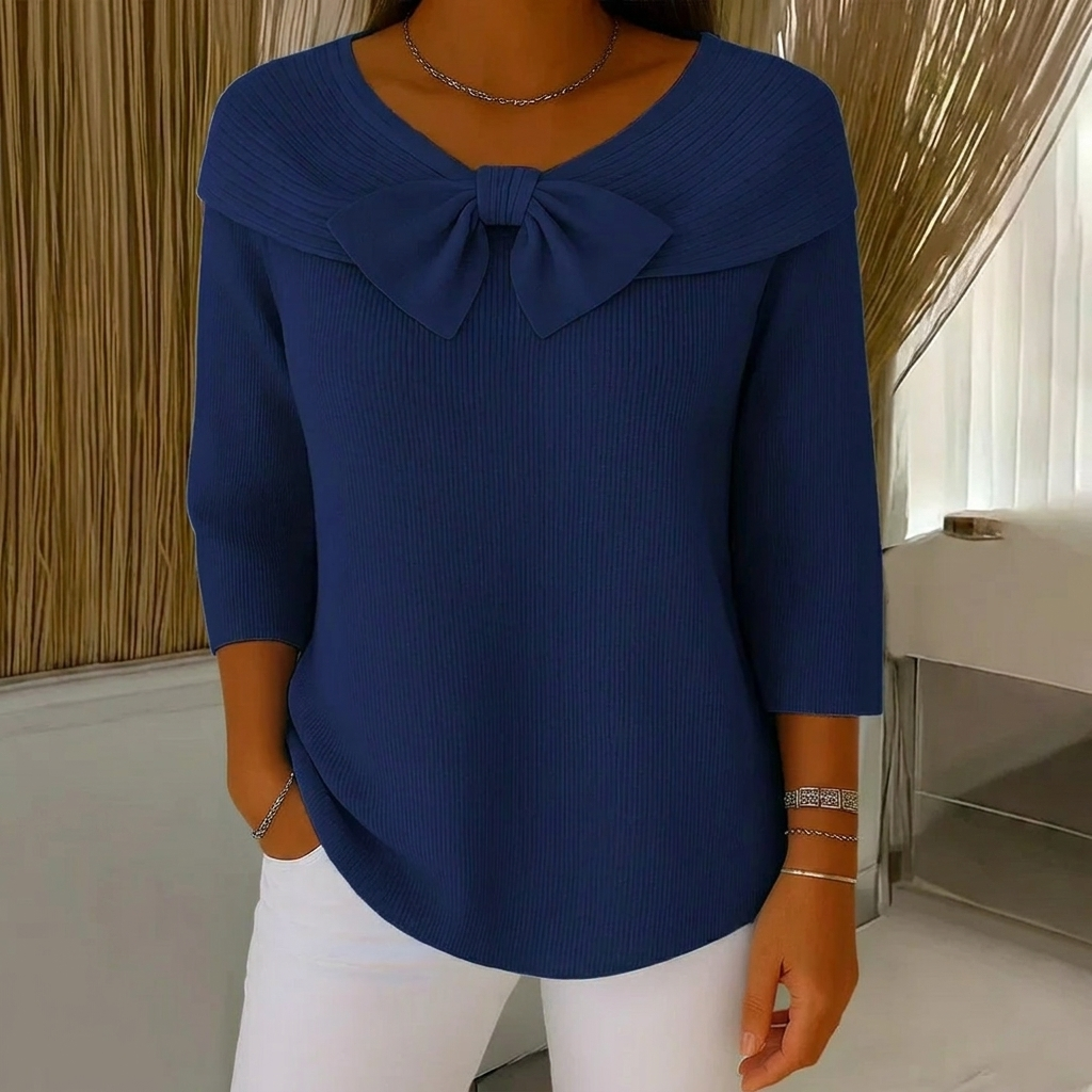 Ribbed Knit Sweater Women's Blue Bow Detail 3/4 Sleeve Top – Casual, Office, Gift