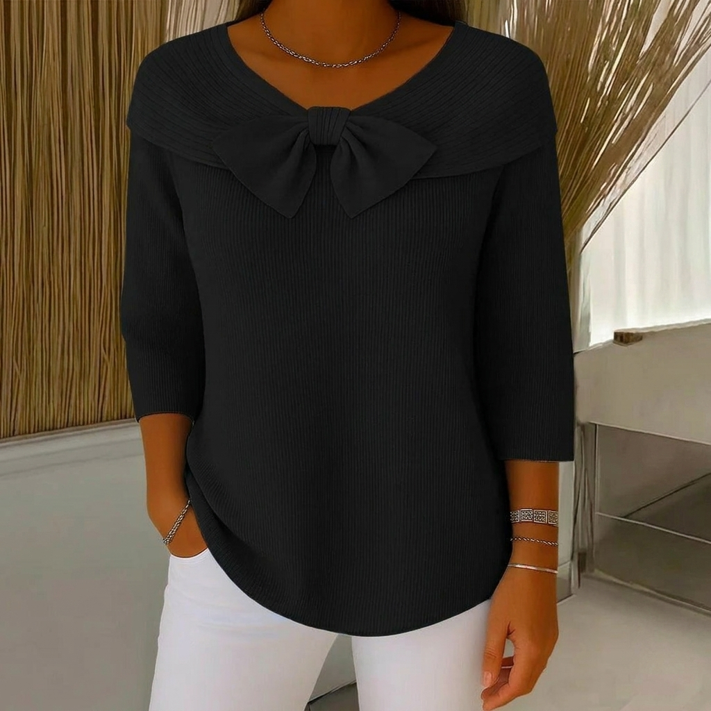 Ribbed Knit Sweater Women's Blue Bow Detail 3/4 Sleeve Top – Casual, Office, Gift