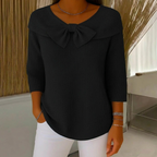 Ribbed Knit Sweater Women's Blue Bow Detail 3/4 Sleeve Top – Casual, Office, Gift
