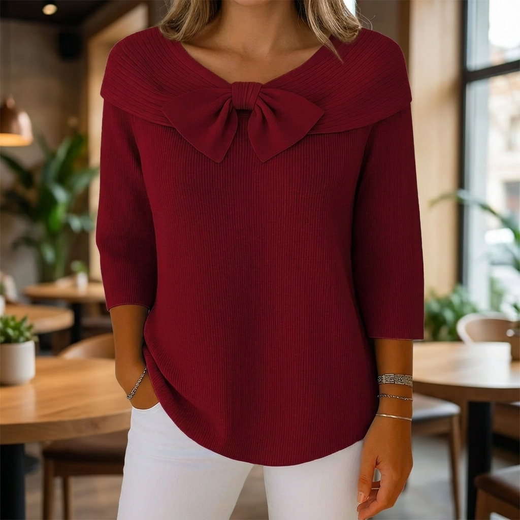 Ribbed Knit Sweater Women's Blue Bow Detail 3/4 Sleeve Top – Casual, Office, Gift