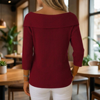 Ribbed Knit Sweater Women's Blue Bow Detail 3/4 Sleeve Top – Casual, Office, Gift