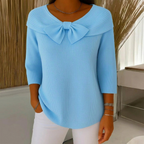 Ribbed Knit Sweater Women's Blue Bow Detail 3/4 Sleeve Top – Casual, Office, Gift