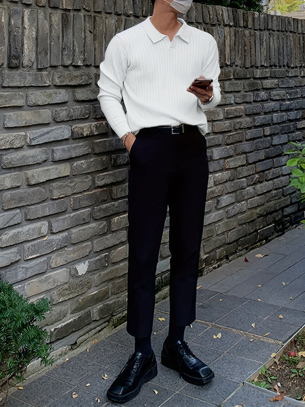 Ribbed Knit V-Neck Polo Sweater Men's White Collared Long Sleeve – Casual, Office