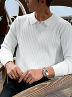 Ribbed Knit V-Neck Polo Sweater Men's White Collared Long Sleeve – Casual, Office