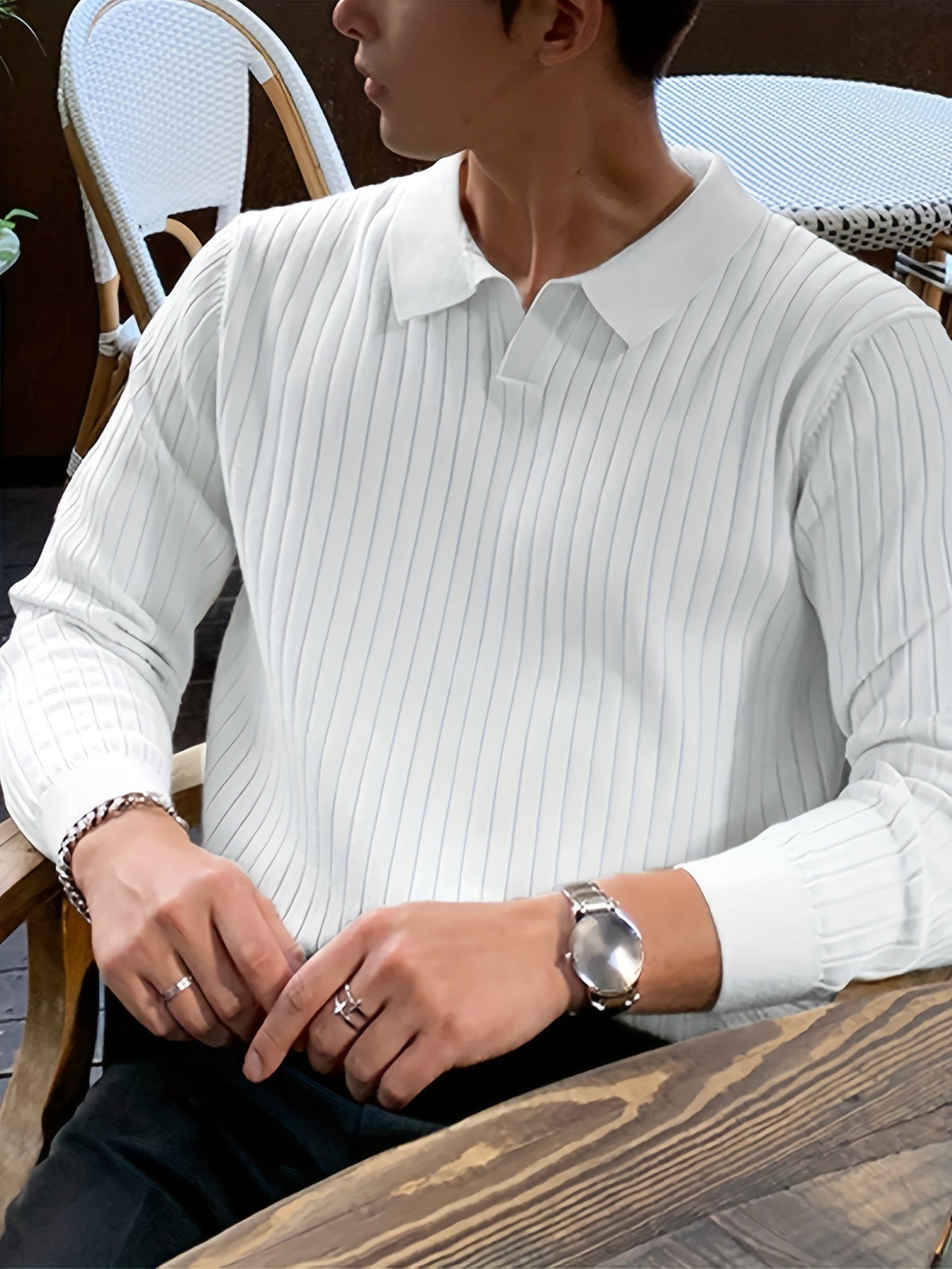 Ribbed Knit V-Neck Polo Sweater Men's White Collared Long Sleeve – Casual, Office