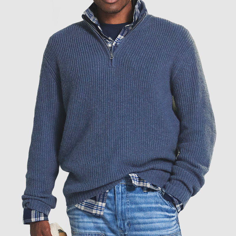 Ribbed Quarter-Zip Knit Sweater Men's Gray Pullover – Casual, Office, Holiday, Gift