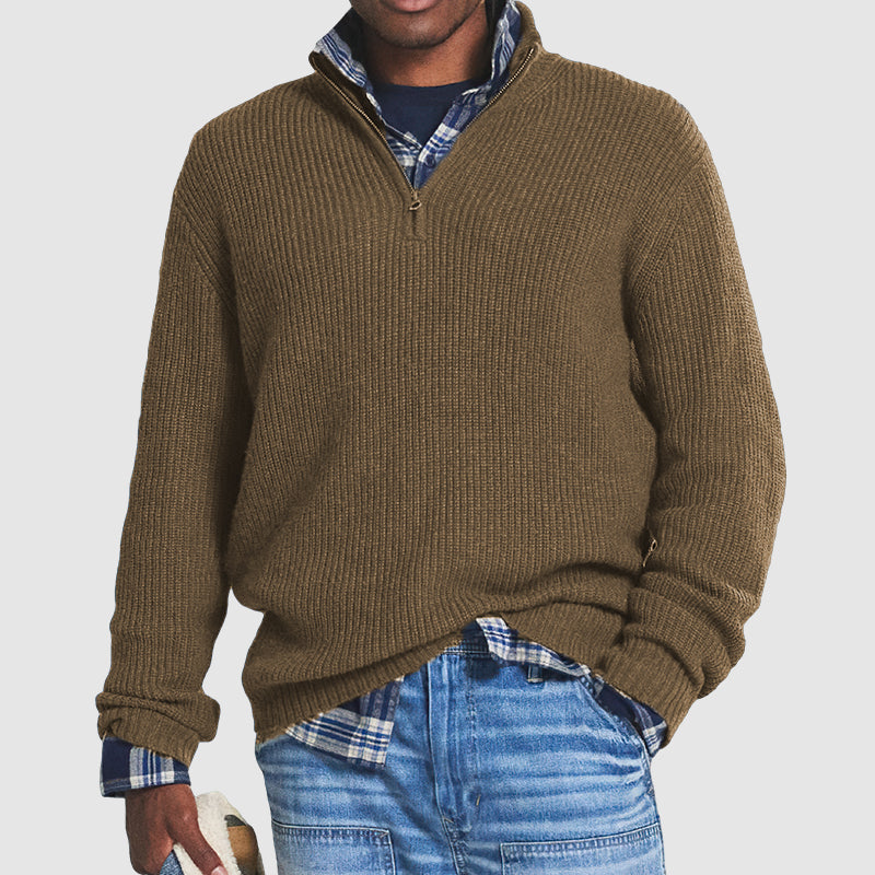 Ribbed Quarter-Zip Knit Sweater Men's Gray Pullover – Casual, Office, Holiday, Gift