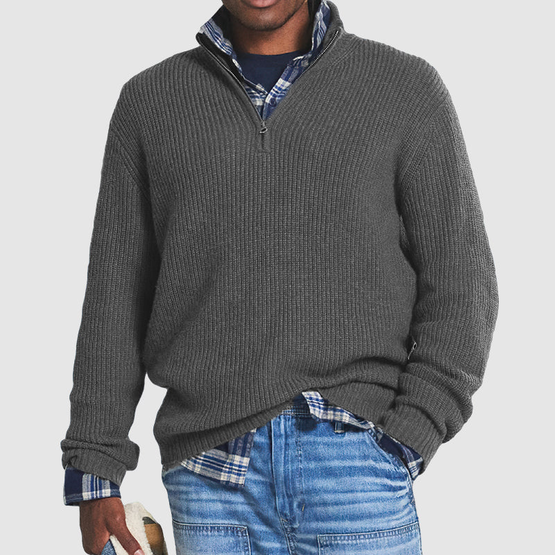 Ribbed Quarter-Zip Knit Sweater Men's Gray Pullover – Casual, Office, Holiday, Gift