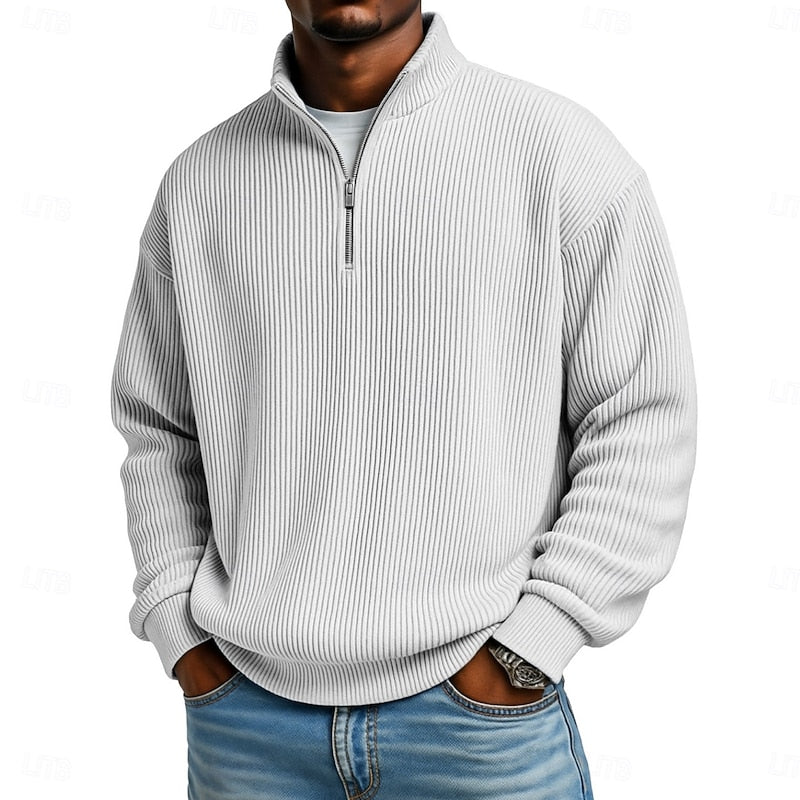 Ribbed Quarter-Zip Pullover Men's Long Sleeve Stand Collar Sweatshirt – Casual, Office