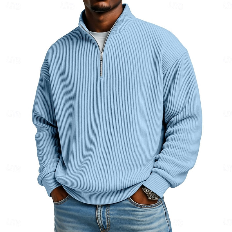 Ribbed Quarter-Zip Pullover Men's Long Sleeve Stand Collar Sweatshirt – Casual, Office