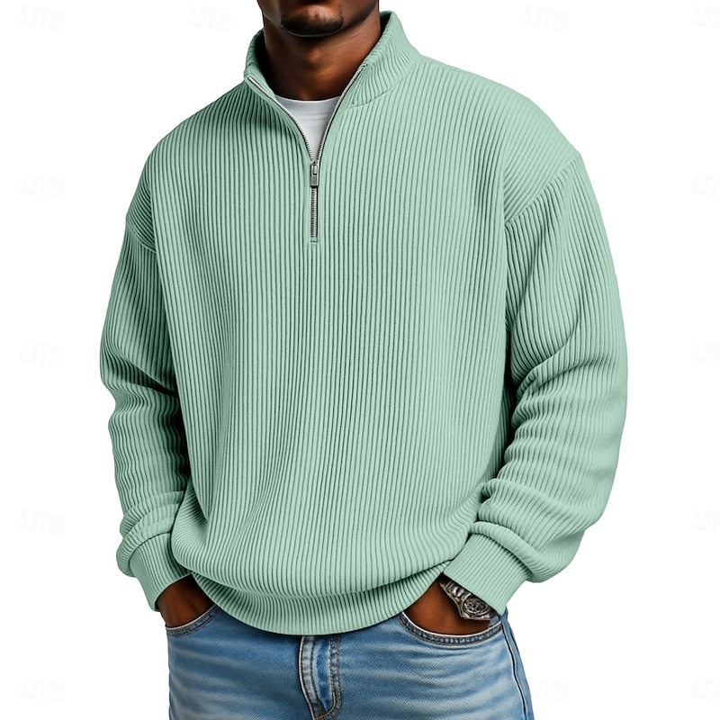 Ribbed Quarter-Zip Pullover Men's Long Sleeve Stand Collar Sweatshirt – Casual, Office