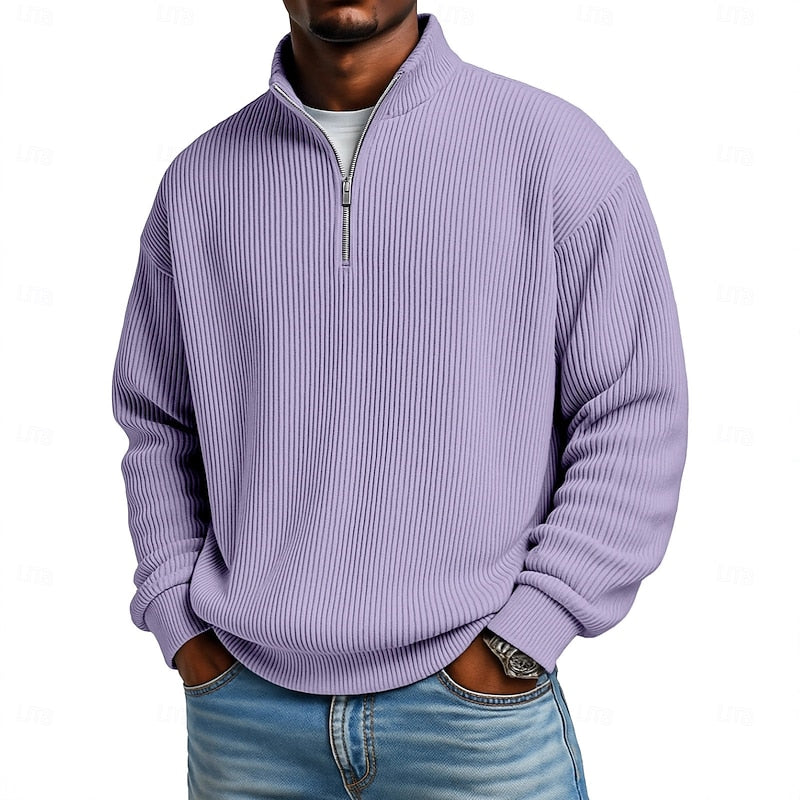 Ribbed Quarter-Zip Pullover Men's Long Sleeve Stand Collar Sweatshirt – Casual, Office