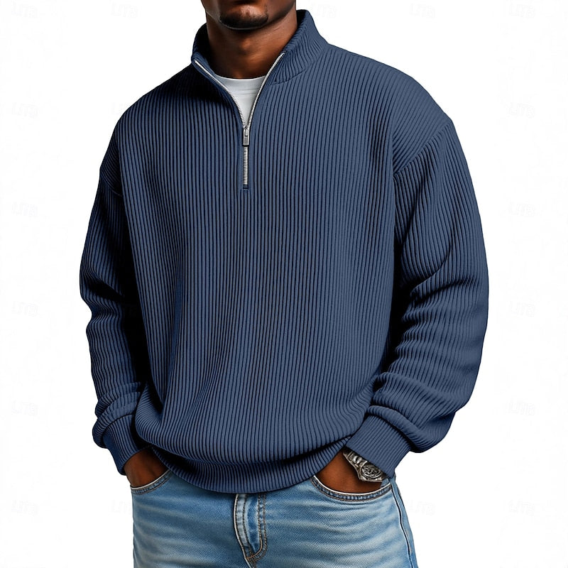 Ribbed Quarter-Zip Pullover Men's Long Sleeve Stand Collar Sweatshirt – Casual, Office