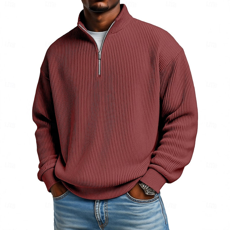 Ribbed Quarter-Zip Pullover Men's Long Sleeve Stand Collar Sweatshirt – Casual, Office