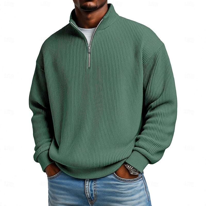 Ribbed Quarter-Zip Pullover Men's Long Sleeve Stand Collar Sweatshirt – Casual, Office