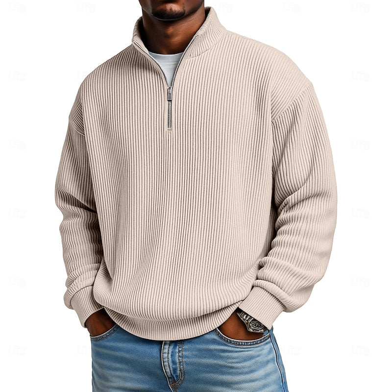 Ribbed Quarter-Zip Pullover Men's Long Sleeve Stand Collar Sweatshirt – Casual, Office