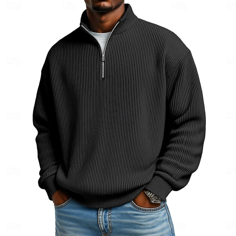 Ribbed Quarter-Zip Pullover Men's Long Sleeve Stand Collar Sweatshirt – Casual, Office