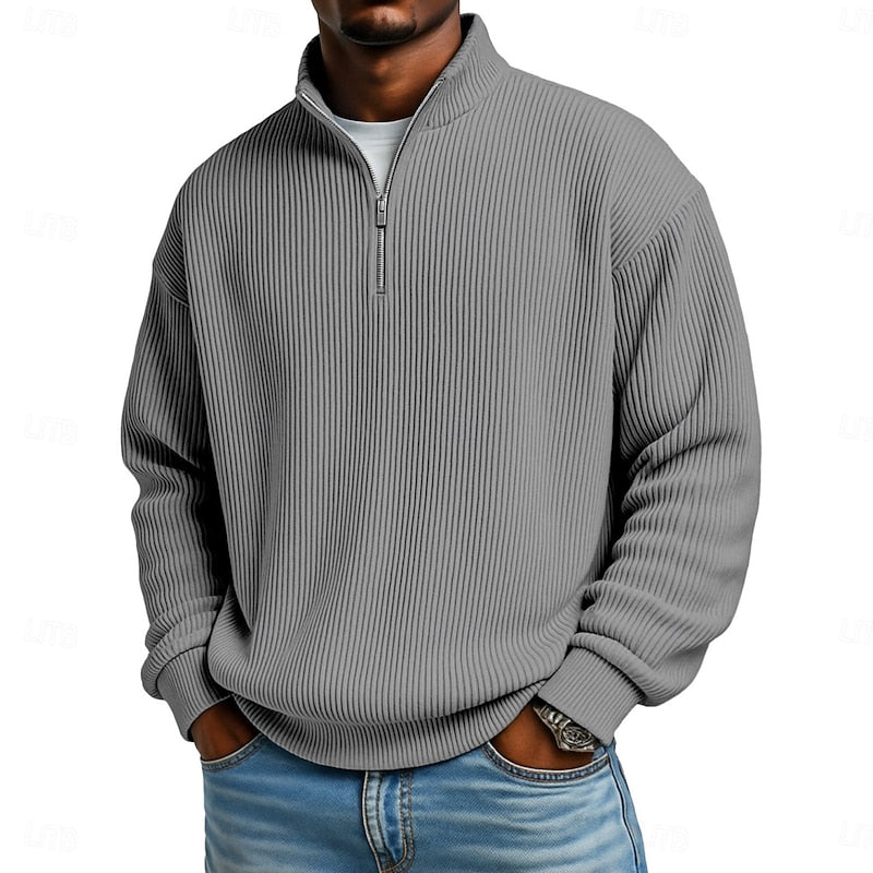 Ribbed Quarter-Zip Pullover Men's Long Sleeve Stand Collar Sweatshirt – Casual, Office