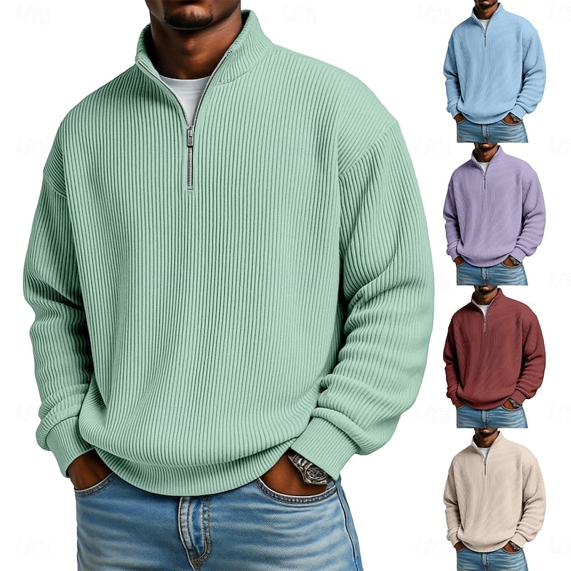 Ribbed Quarter-Zip Pullover Men's Long Sleeve Stand Collar Sweatshirt – Casual, Office
