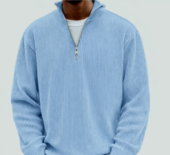 Ribbed Quarter Zip Sweater Men's Light Blue High Neck Pullover – Casual, Office · Faylori