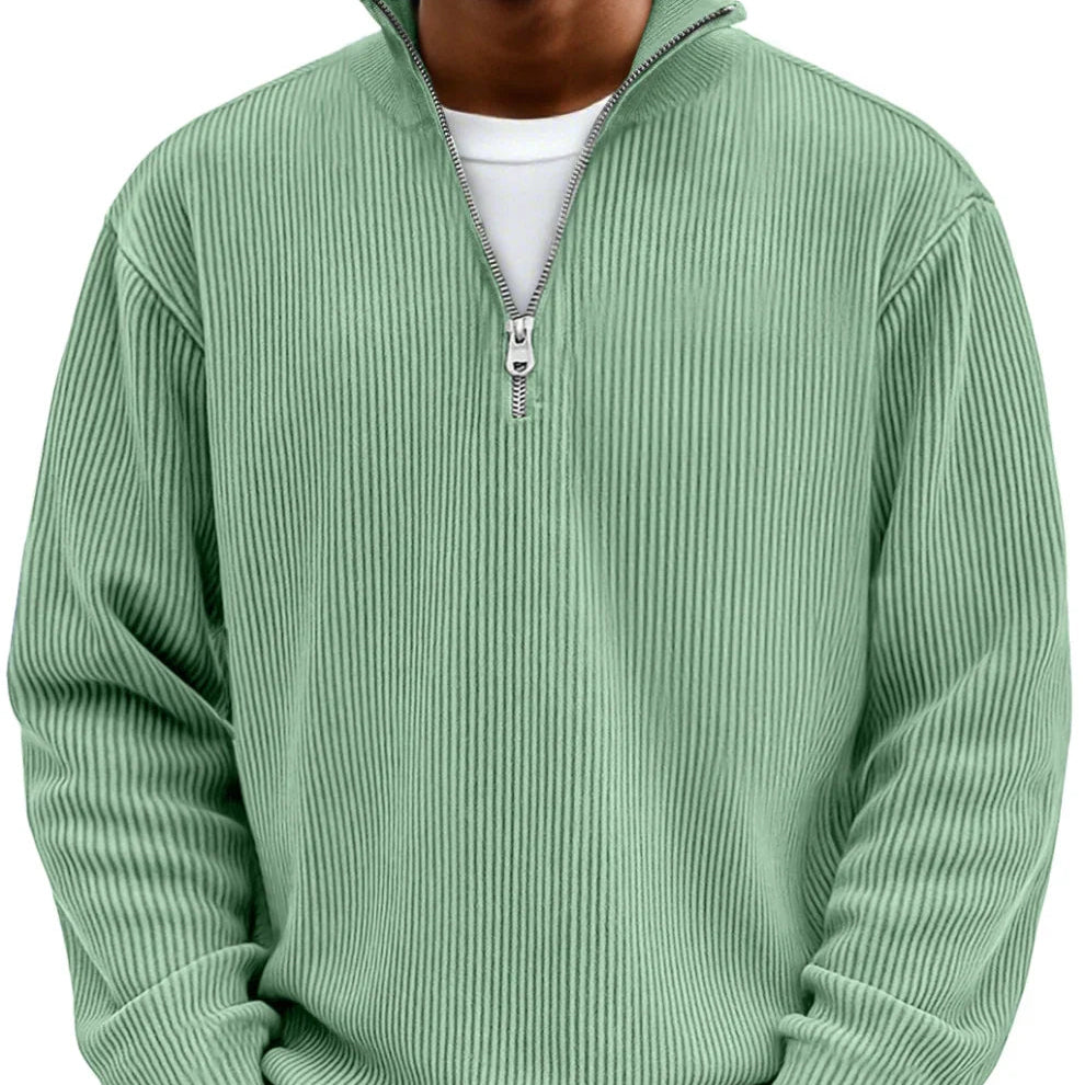 Ribbed Quarter Zip Sweater Men's Light Blue High Neck Pullover – Casual, Office · Faylori