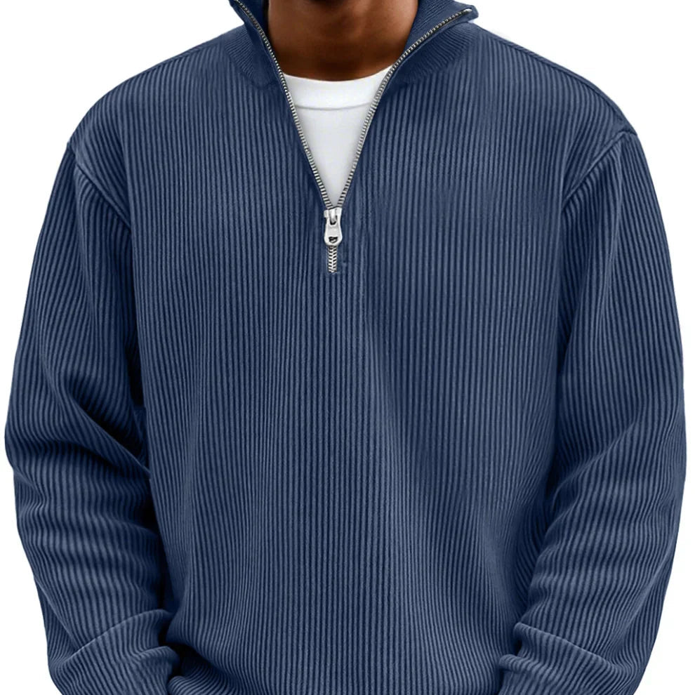 Ribbed Quarter Zip Sweater Men's Light Blue High Neck Pullover – Casual, Office · Faylori