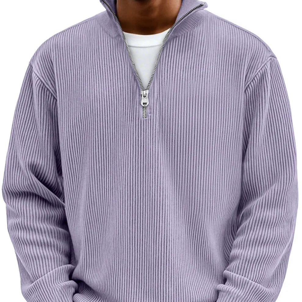 Ribbed Quarter Zip Sweater Men's Light Blue High Neck Pullover – Casual, Office · Faylori