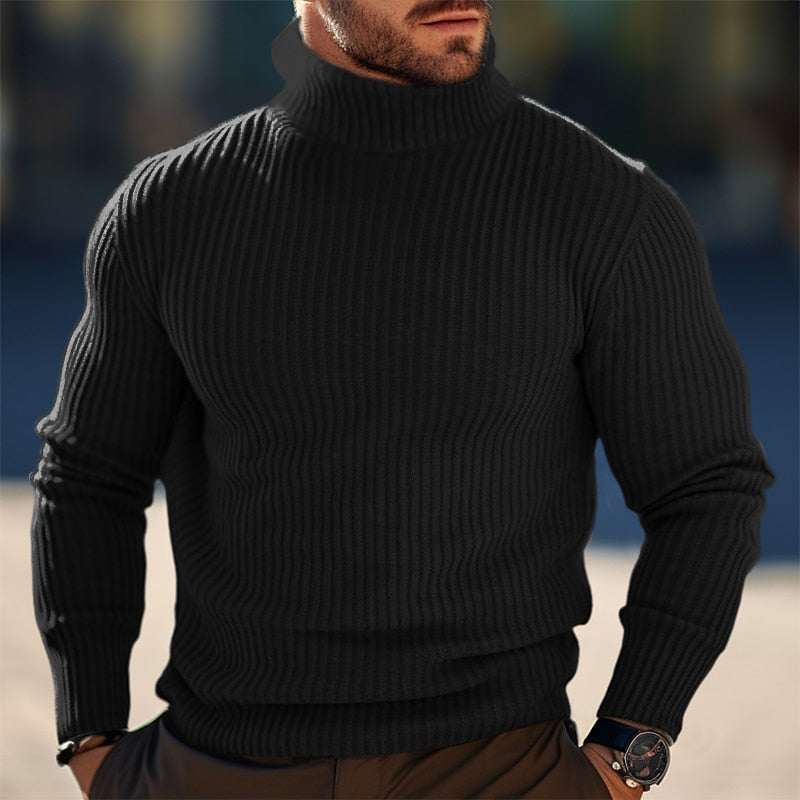 Ribbed Turtleneck Sweater Men's Gray Knit Long Sleeve Pullover – Casual, Office · Faylori