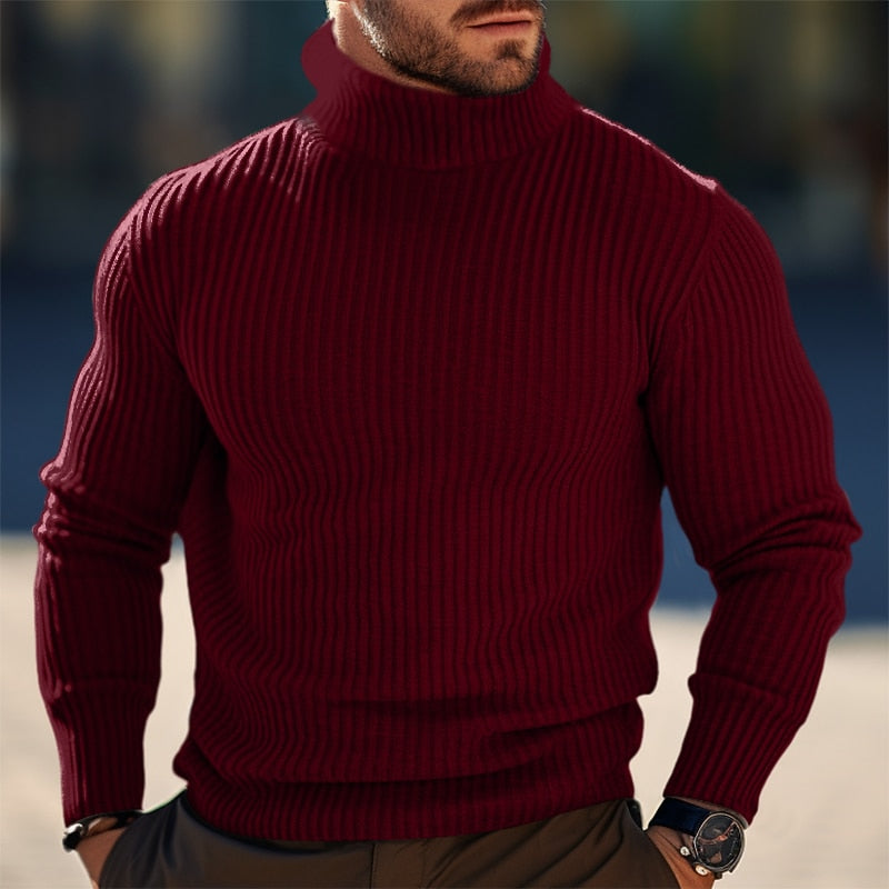 Ribbed Turtleneck Sweater Men's Gray Knit Long Sleeve Pullover – Casual, Office · Faylori