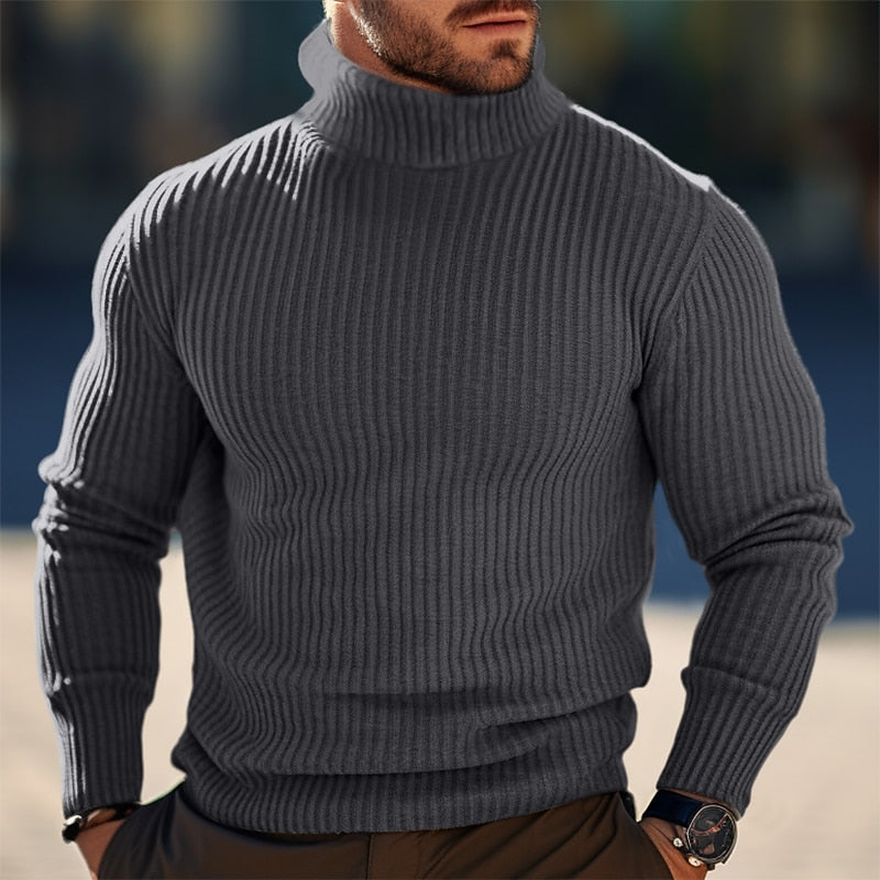 Ribbed Turtleneck Sweater Men's Gray Knit Long Sleeve Pullover – Casual, Office · Faylori