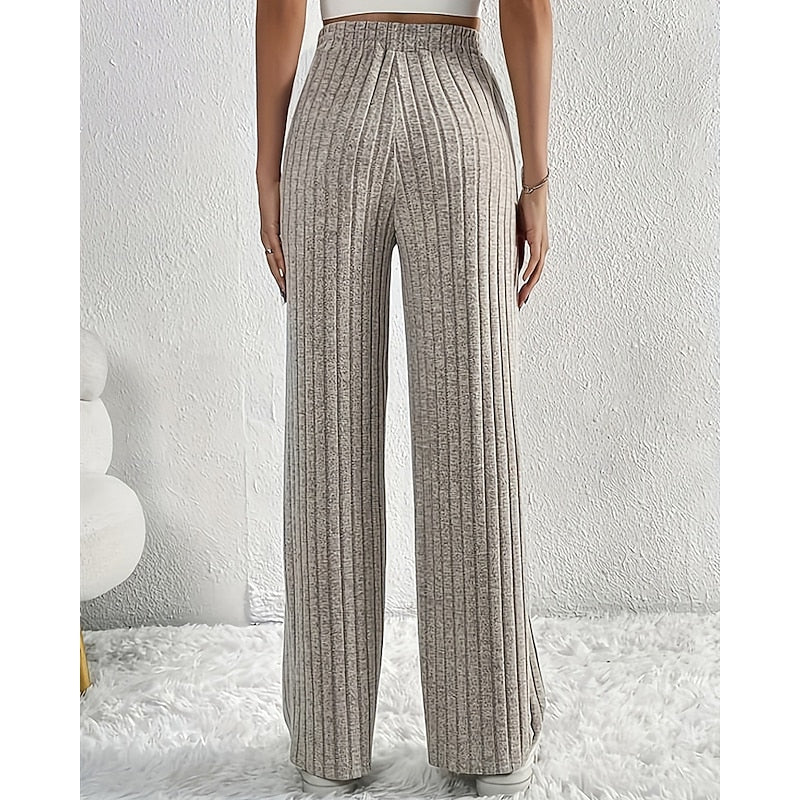 Ribbed Wide-Leg Pants Women's High-Waist Drawstring Trousers – Casual, Office, Lounge