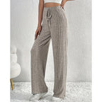 Ribbed Wide-Leg Pants Women's High-Waist Drawstring Trousers – Casual, Office, Lounge