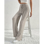 Ribbed Wide-Leg Pants Women's High-Waist Drawstring Trousers – Casual, Office, Lounge