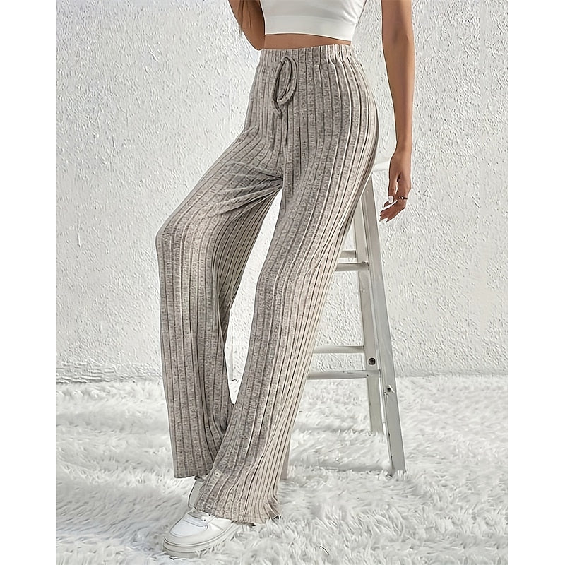 Ribbed Wide-Leg Pants Women's High-Waist Drawstring Trousers – Casual, Office, Lounge