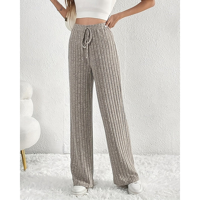 Ribbed Wide-Leg Pants Women's High-Waist Drawstring Trousers – Casual, Office, Lounge