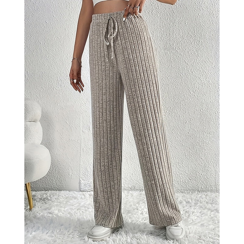 Ribbed Wide-Leg Pants Women's High-Waist Drawstring Trousers – Casual, Office, Lounge