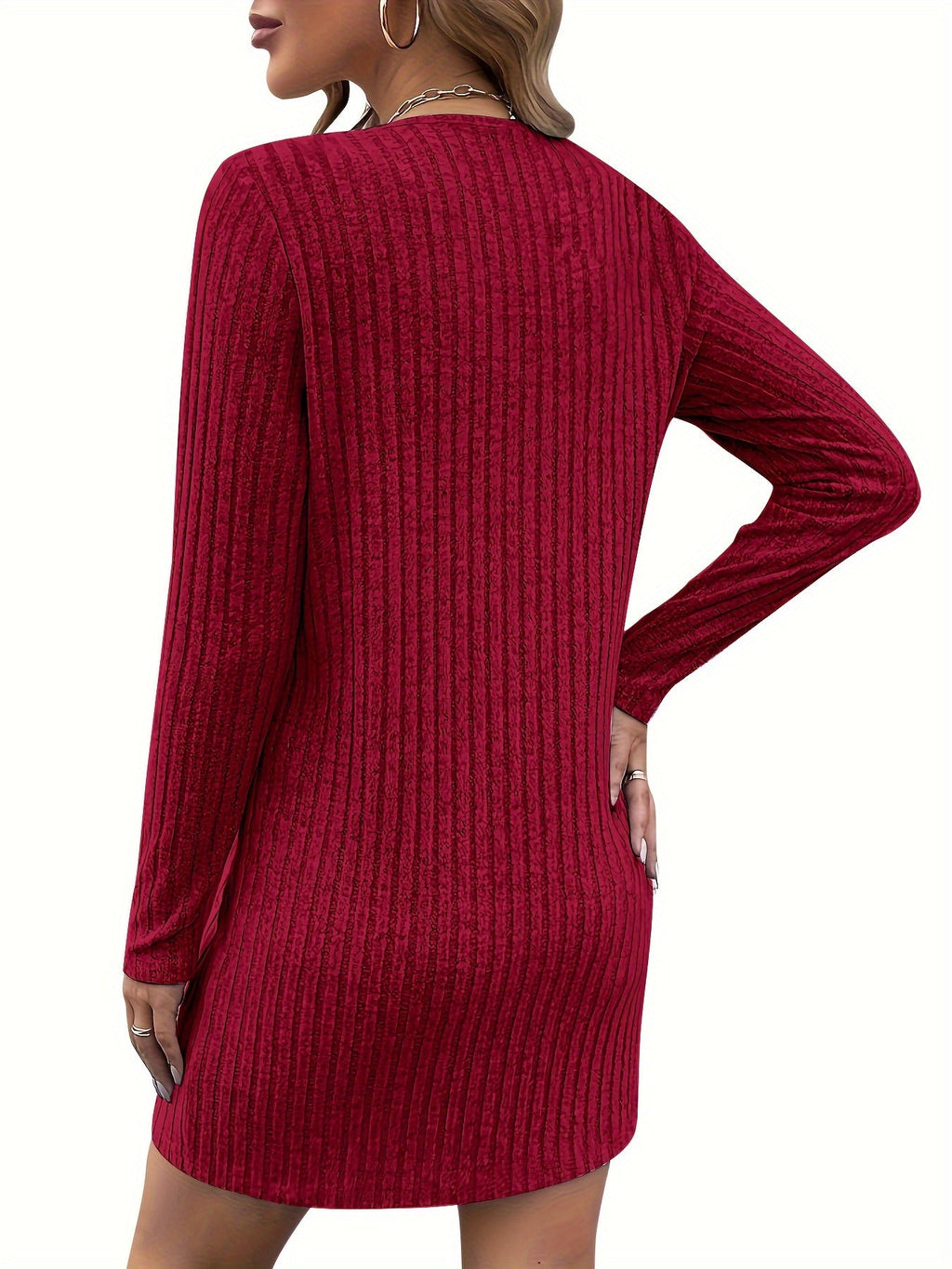 Ribbed Zip-Neck Dress Women's Long Sleeve V-Neck Bodycon Midi Dress – Casual, Office, Gift