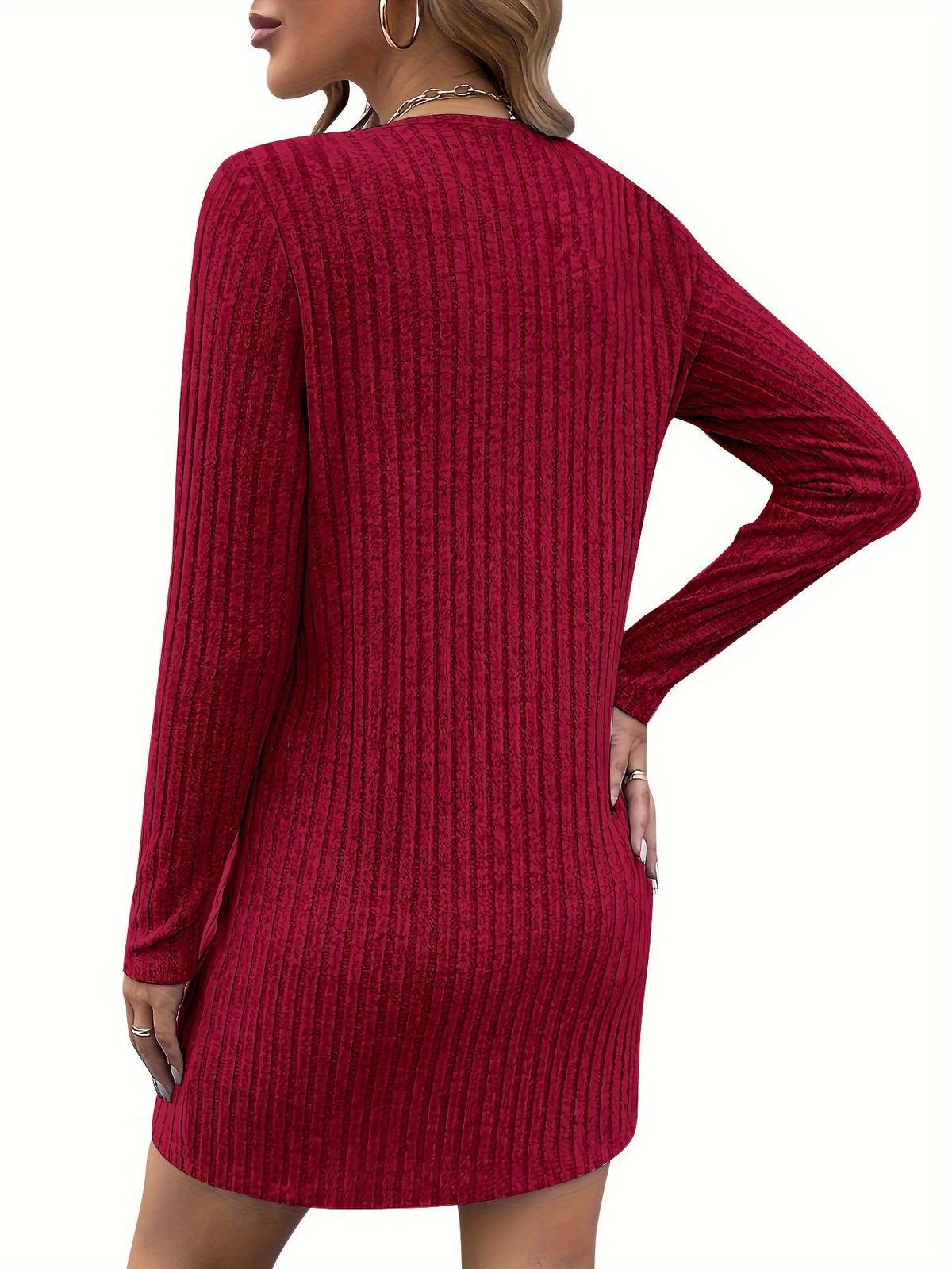 Ribbed Zip-Neck Dress Women's Long Sleeve V-Neck Bodycon Midi Dress – Casual, Office, Gift