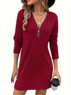 Ribbed Zip-Neck Dress Women's Long Sleeve V-Neck Bodycon Midi Dress – Casual, Office, Gift