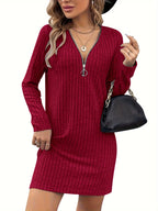 Ribbed Zip-Neck Dress Women's Long Sleeve V-Neck Bodycon Midi Dress – Casual, Office, Gift