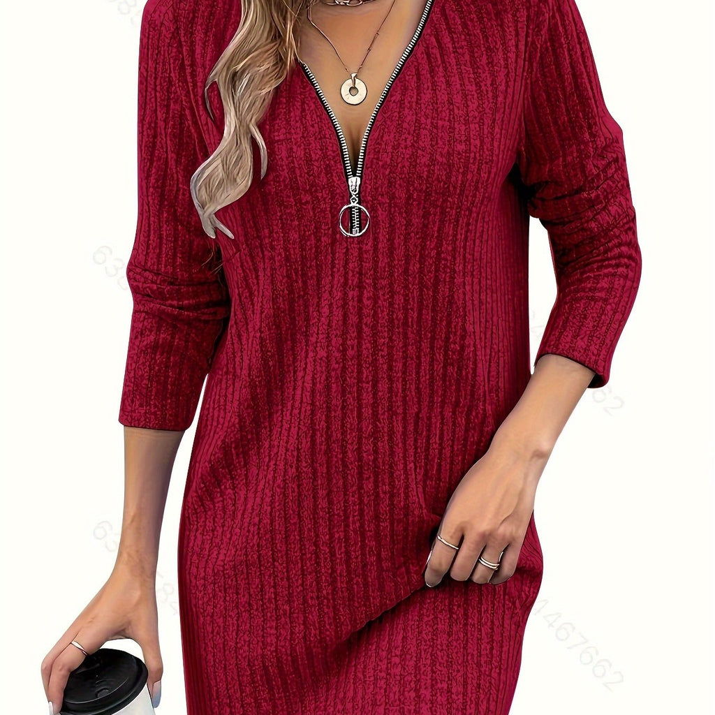 Ribbed Zip-Neck Dress Women's Long Sleeve V-Neck Bodycon Midi Dress – Casual, Office, Gift